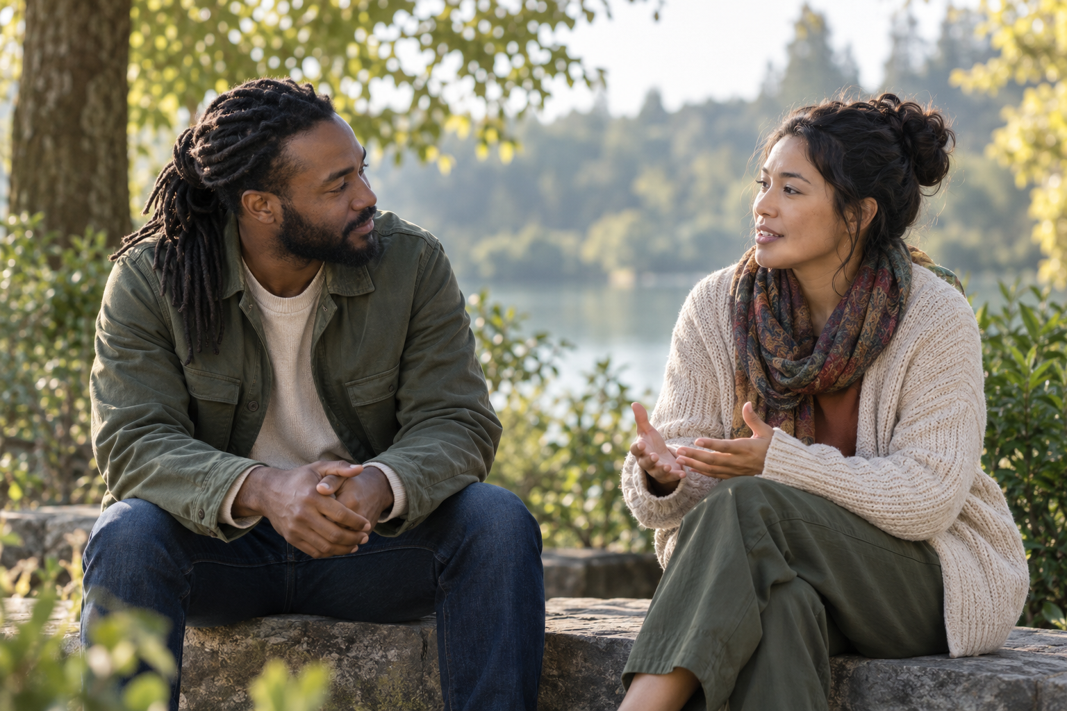 Two adults having a supportive conversation outdoors