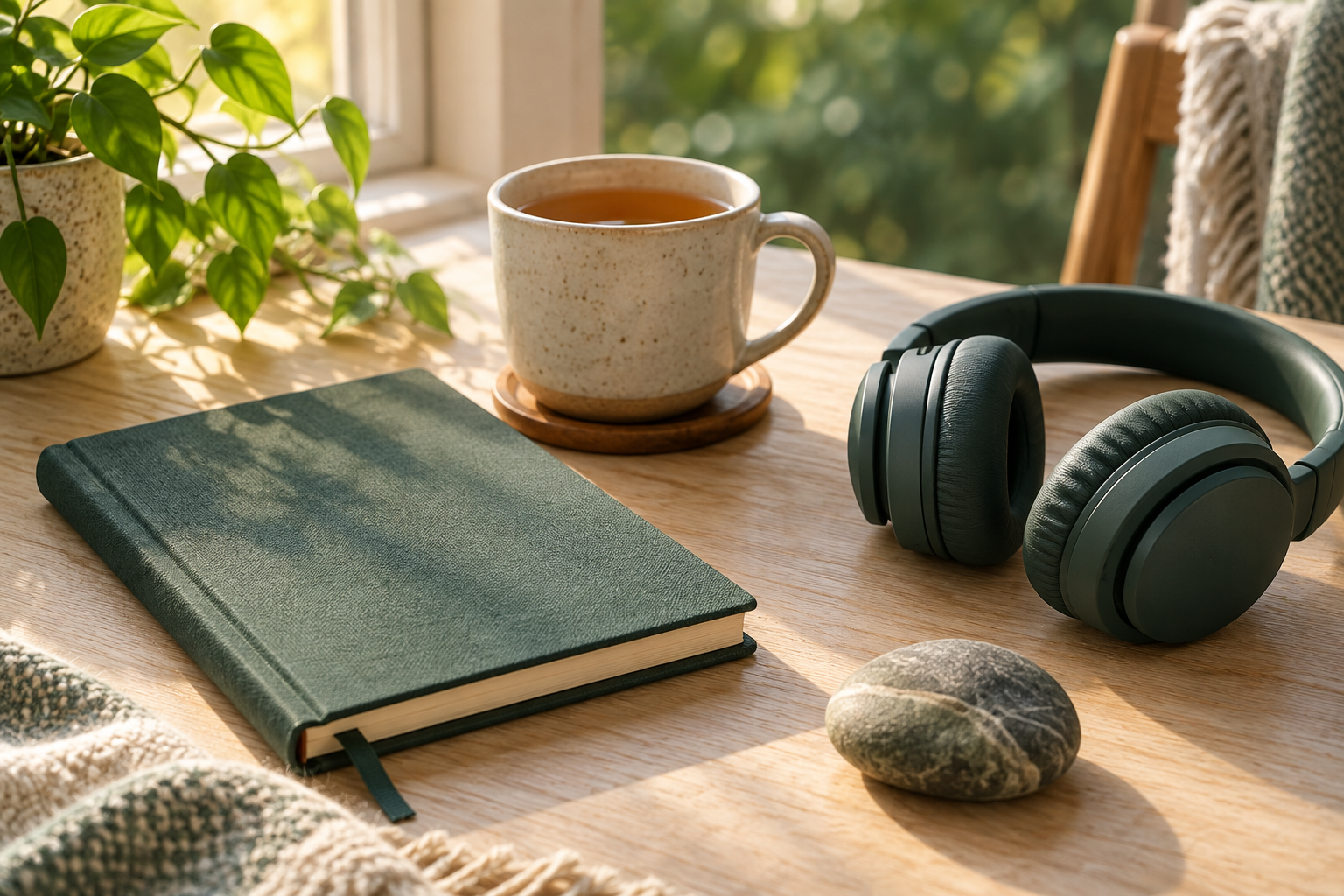 A journal, tea, headphones and grounding stone in warm morning light