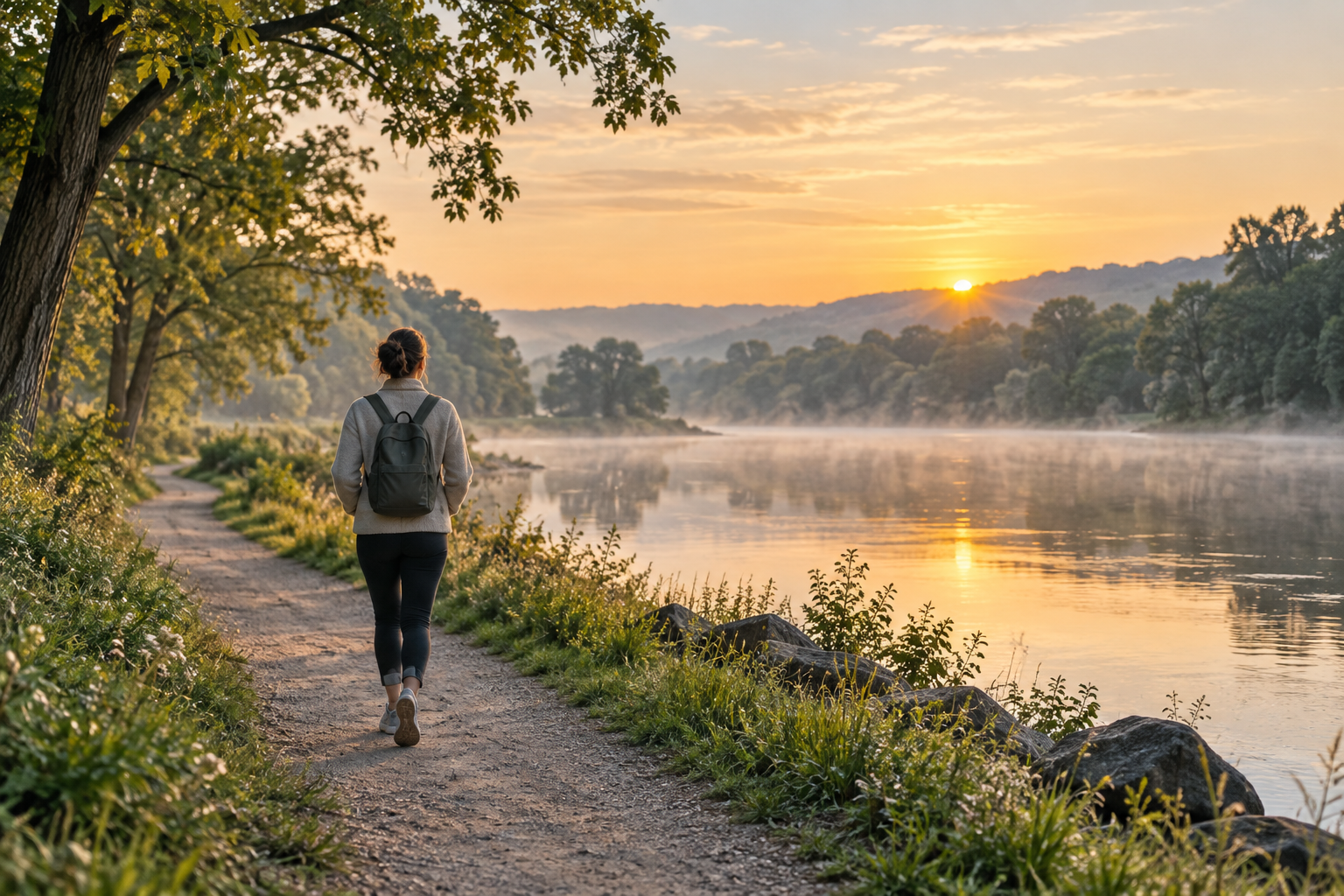 A person walking beside a calm river at sunrise